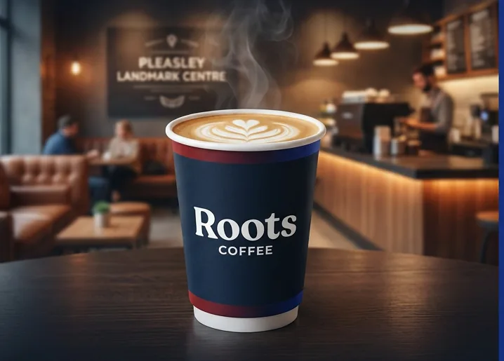 A Roots Coffee Lounge takeaway cup on a table inside the café