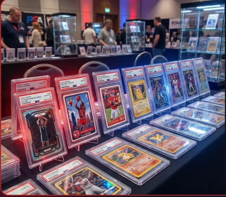 Graded cards displayed in stands along a vendor table at a card show